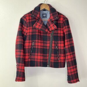 Gap Wool Blend Insulated Plaid Moto Jacket Red Black Size XS